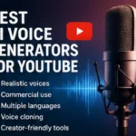 A studio microphone next to text displaying feature highlights for the best AI voice generators for YouTube.