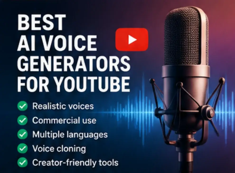 A studio microphone next to text displaying feature highlights for the best AI voice generators for YouTube.