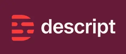 The white Descript wordmark and stylized burgundy icon representing video and audio editing software.
