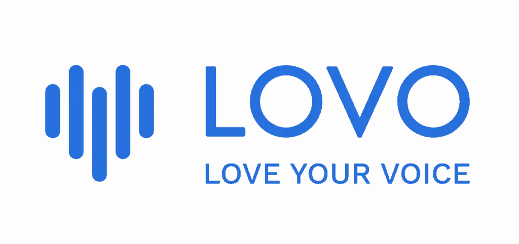 The blue logo for LOVO featuring a four-bar soundwave icon and the tagline Love Your Voice.