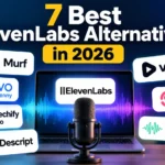 Graphic displaying seven top ElevenLabs alternatives including Murf, Speechify, and Descript around a studio microphone.