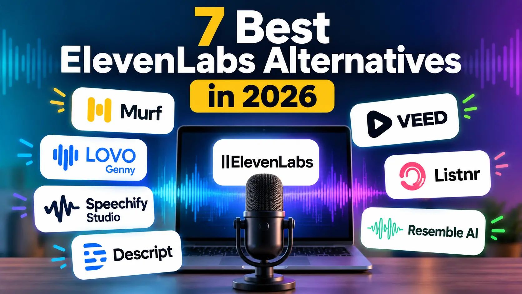 Graphic displaying seven top ElevenLabs alternatives including Murf, Speechify, and Descript around a studio microphone.